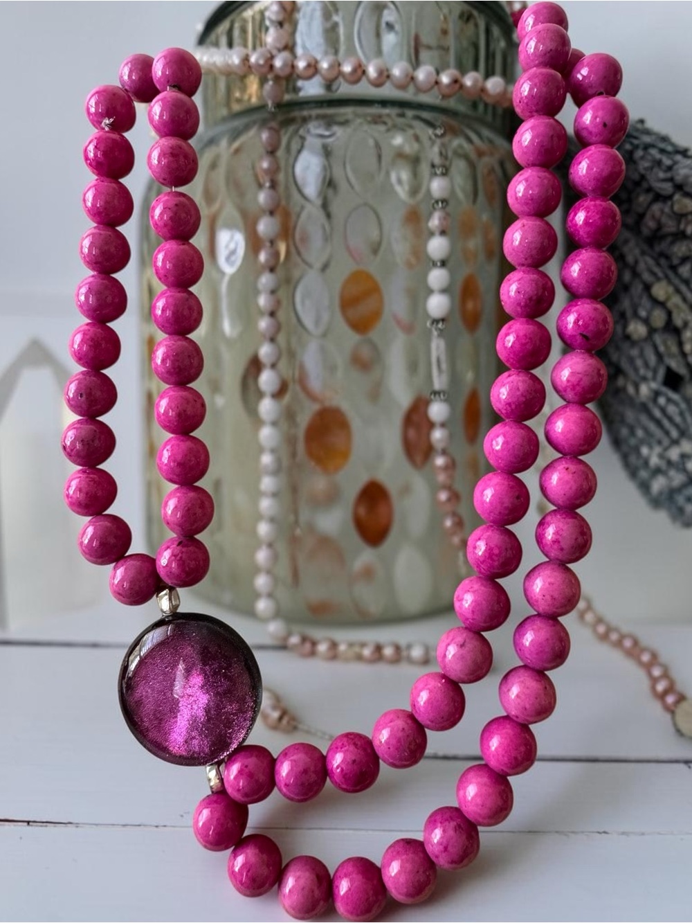 Candy Jade and Dichroic Glass Statement Necklace - Dyed Pink Quartzite